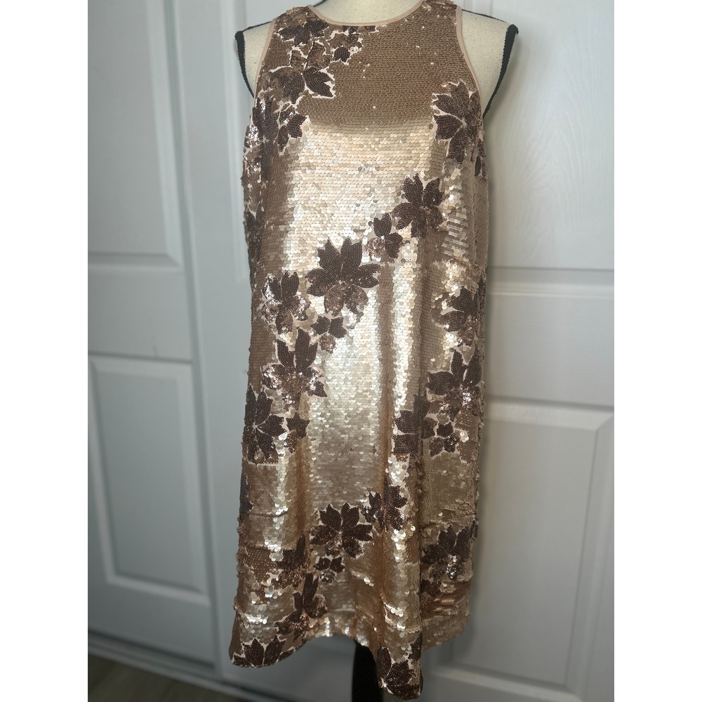 Gianni Bini Sequin Shift Dress L Rose Gold Floral Sleeveless Cocktail Party Mini